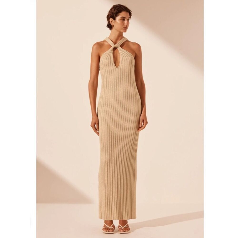 Shona Joy Cream Ribbed Halter Maxi Dress